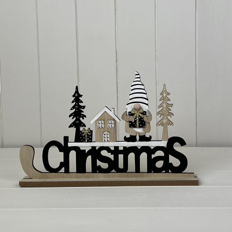 Wooden 'Christmas' Sleigh with Black and White Gonk and Festive Scene detail page